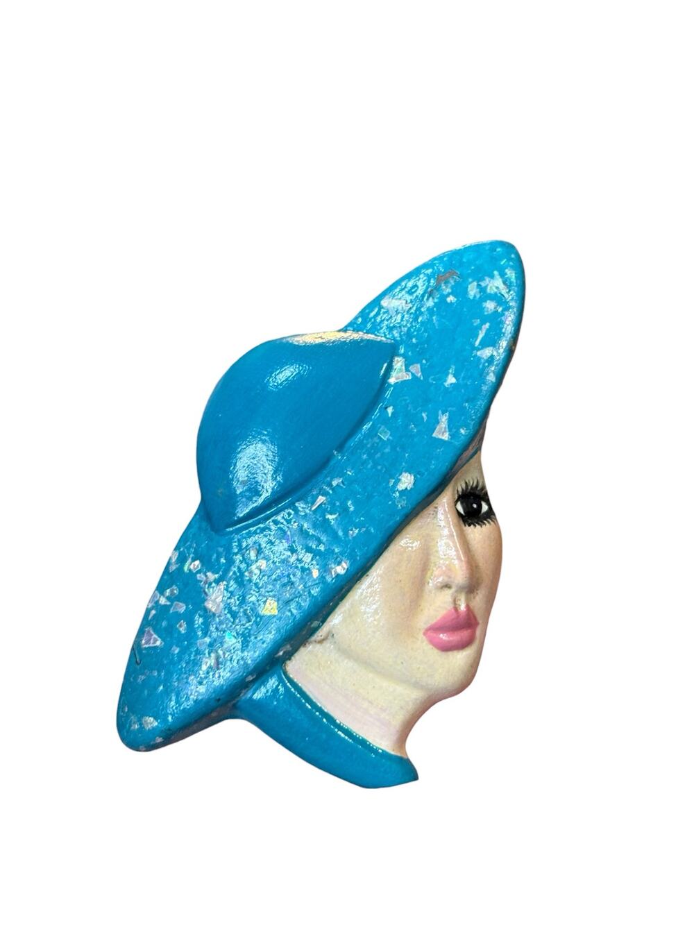 Vintage 80s Turquoise Confetti Hat Lady Brooch Statement Resin Art Deco Style